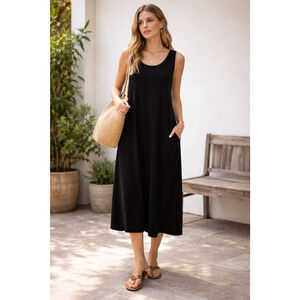 TALBOTS Black Ponte Shift Dress Size X Sleeveless Tan Trim